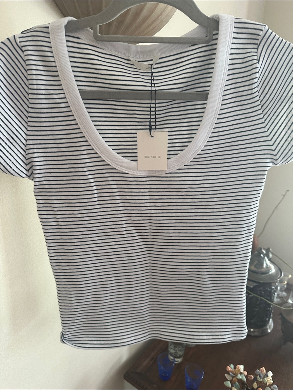 Zara White Tee with Black Micro Stripes